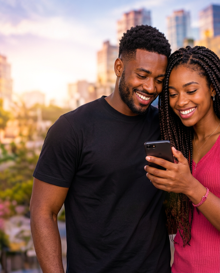 Casal jovem moçambicano a rir juntos numa rua